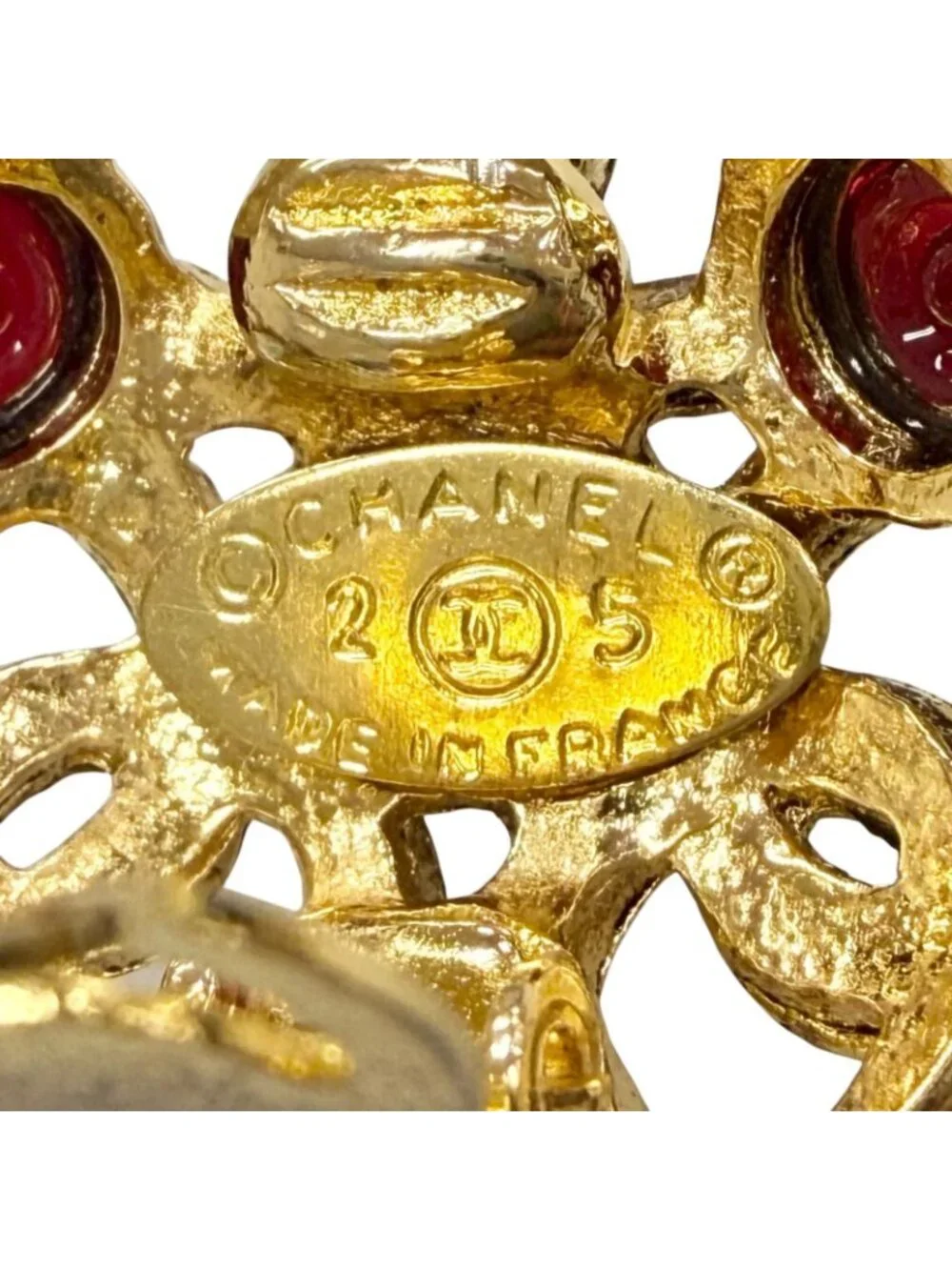 Chanel Vintage 25 Gripoix CC Logo Earrings Gold Red French